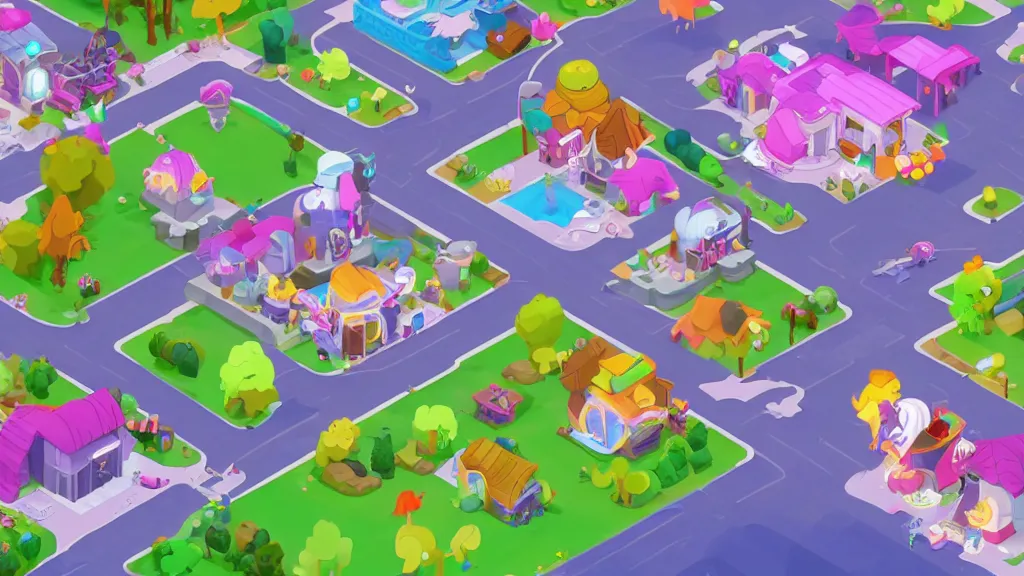 Prompt: Isometric view of Ponyville, screenshot from Hasbro's newest mobile game based on My Little Pony: Friendship is Magic