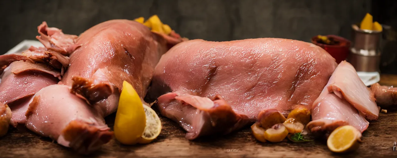 Image similar to lechon baboy, spit roast pig, depth of field, food photography, isometric, tasty, wide shot, studio, bokeh, gmaster, cooking, food, kodak, sony, canon