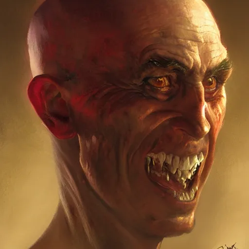 Image similar to portrait of a red bald man with black eyes and a black teeth, horror, glowing eyes, by Stanley Artgerm Lau , greg rutkowski, thomas kindkade, alphonse mucha, loish, norman rockwell. Trending on artstation detailed illustration hd 4k