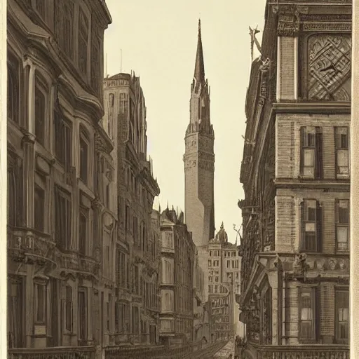 Image similar to a beautiful print of a cityscape with tall spires and delicate bridges. by george tice, by giovanni battista gaulli desaturated, ornate