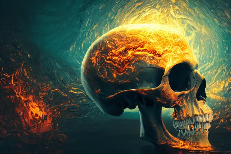 Image similar to human skull enveloped in a liquid flame simulation, fiery tendrils, glowing highlights, intricate, cinematic, hyper realism, 8k, depth of field, bokeh, iridescent accents, artwork by Tooth Wu and wlop and greg rutkowski