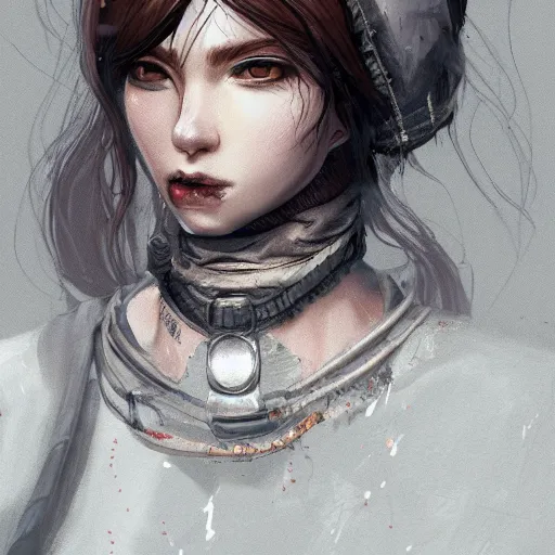 Image similar to A close up of a girl wearing very exclusive clothing face+rich+decimated kingdom background+foggy,detailed, artstation, concept art