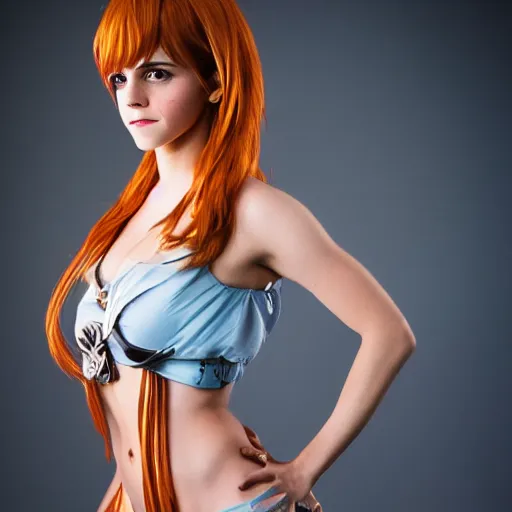 Prompt: a full body photo of emma watson as nami from one piece, award winning photography, 50 mm.