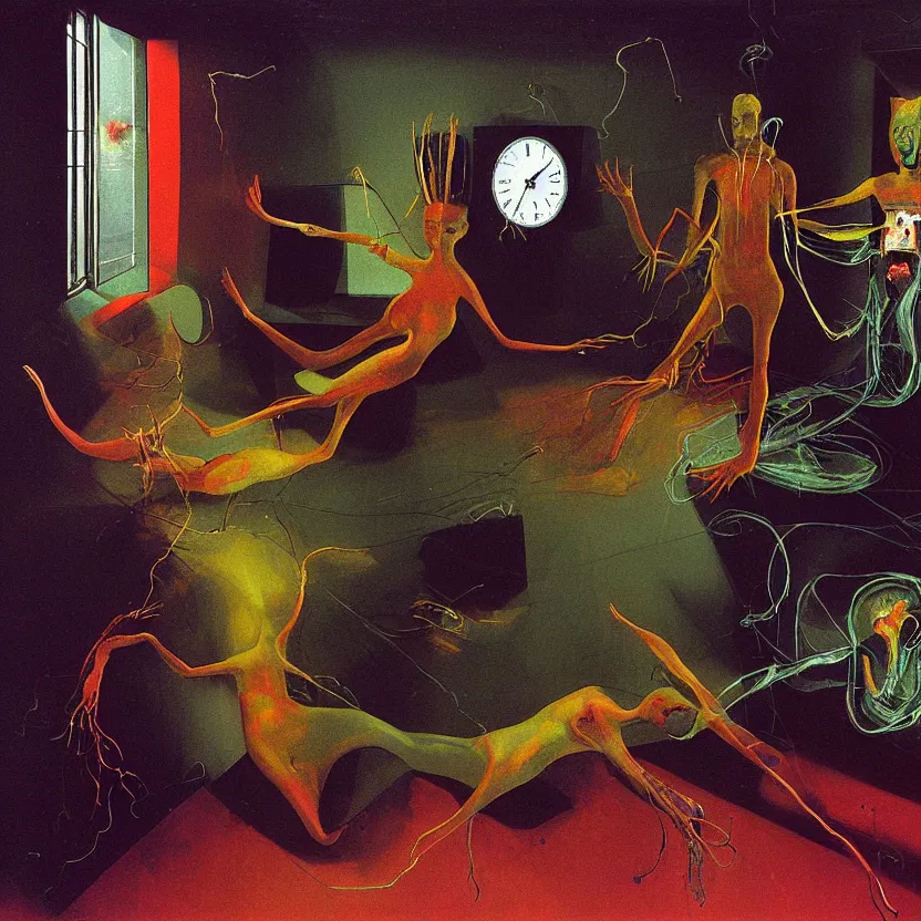 Image similar to Man and woman start to bounce in a living room of a house, floating dark energy surrounds the middle of the room. There is one living room plant to the side of the room, surrounded by a background of dark cyber mystic alchemical transmutation heavenless realm, cover artwork by francis bacon and Jenny seville and beksinski, midnight hour, part by adrian ghenie, part by jeffrey smith, part by josan gonzales, part by boris vallejo, part by norman rockwell, part by phil hale, part by kim dorland, artstation, highly detailed