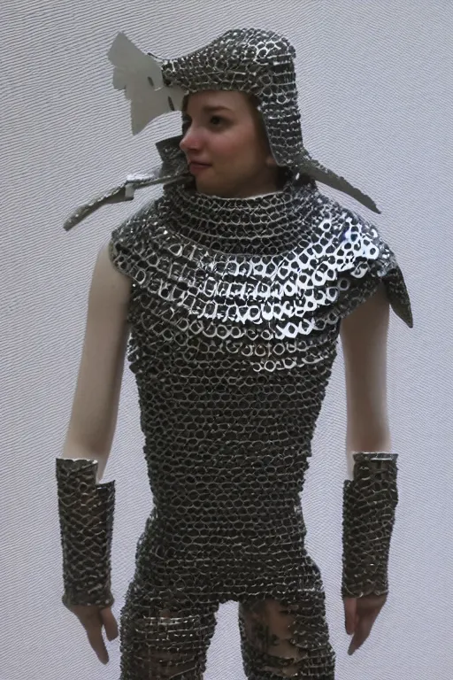 Image similar to female adventurer in tight full - body sticky note chainmail - style armor made out of several hundred sticky notes and a white porcelain crow mask, trending in artstation, japanese, artstation, establishing shot