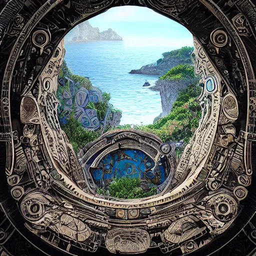 Prompt: photograph of a gigantic paleolothic torus made of stone with highly detailed carvings of intricate shamanic robotic electronics and circuitry, in a mediterranean lanscape, inside a valley overlooking the sea, in the style of andreas rocha