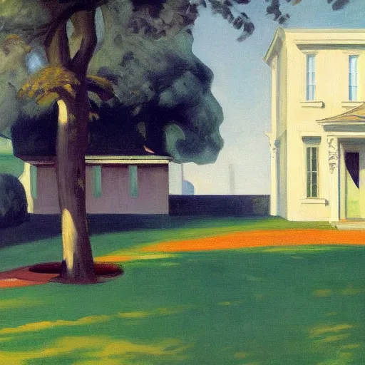 Prompt: serene garden with house in background by edward hopper, high quality, high resolution