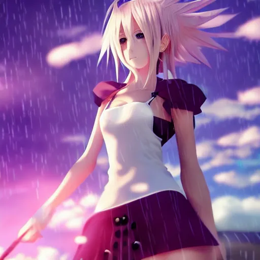 Image similar to beautiful anime girl in the style of final fantasy 7 with purple eyes, wearing a skirt and tanktop, perfect body, standing in the rain, high quality anime art, trending on artstation, 8K octane render, wallpaper