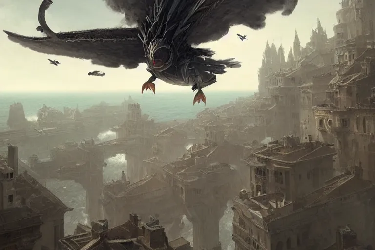 Image similar to people FLYING ON BIRDS, over the ocean, towards a GIGANTIC wall, protecting the city from black mist, cinematic, greg rutkowski, detailed, intricate