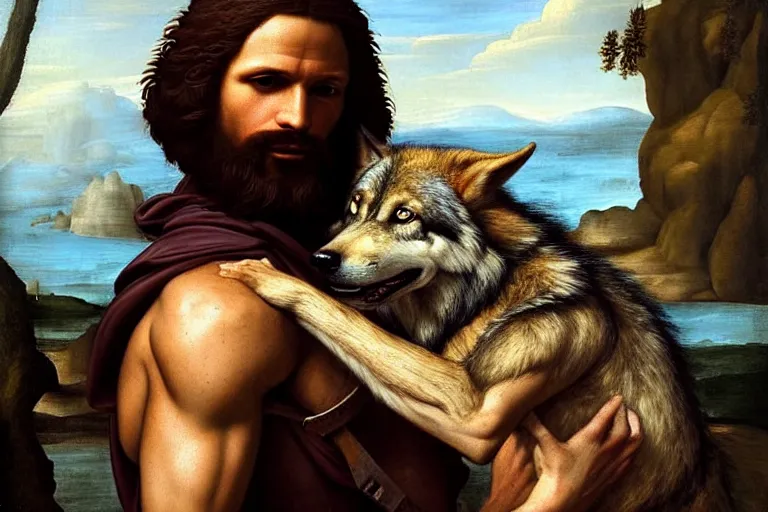 Prompt: renaissance painting full body portrait of a gruff ranger with his pet wolf, lean and toned, handsome face, hairy chest and hairy body, D&D, intricate, elegant, highly detailed, digital painting, artstation, concept art, matte, sharp focus, chiaroscuro, well list, illustration, art by da Vinci, Artgerm and Greg Rutkowski and Alphonse Mucha