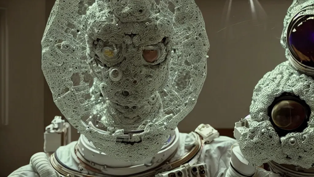 Prompt: a astronaut eva suit covered in diamond 3d fractal lace iridescent bubble 3d skin and covered with insectoid compound eye camera lenses floats through the living room, film still from the movie directed by Denis Villeneuve with art direction by Salvador Dalí, wide lens,