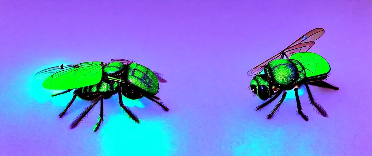 Image similar to high quality photo glowy iridescent giant fly! jeweled very beautiful! highly detailed digital art david ligare elson peter cinematic purple neon lighting high quality low angle hd 8k sharp shallow depth of field