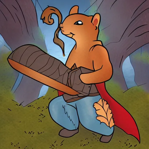 Image similar to the squirrel thor ~ holding his hammer ~ dramatic thunder background ~ fighting scene ~