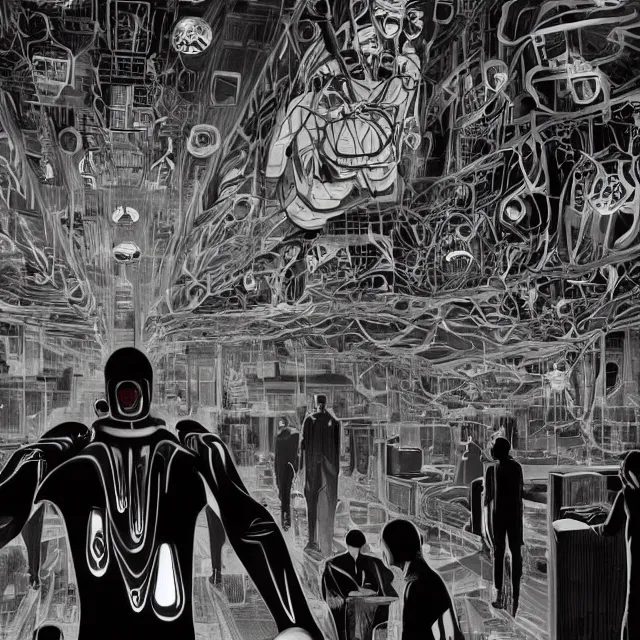 Image similar to a malevolent digital intelligence, portrait of a digital consciousness, glowing digital runes, panicked scientists in the background, brutalism, futurism, rhads!!!, james gurney, ( art fitzpatrick ), ( asaf hanuka ), ( ( barclay shaw ) ), ominous, saturday morning cartoon, clean linework, western animation