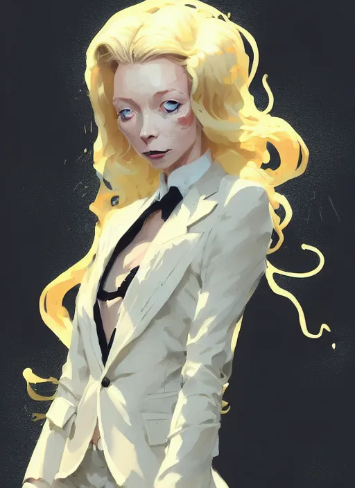 Image similar to highly detailed closeup portrait of beautiful portia doubleday, blonde wavy hair, angela moss, white suit by atey ghailan, by greg rutkowski, by greg tocchini, by james gilleard, by joe fenton, by kaethe butcher, gradient yellow, black and white color scheme, grunge aesthetic!!! ( ( graffiti tag wall background ) )