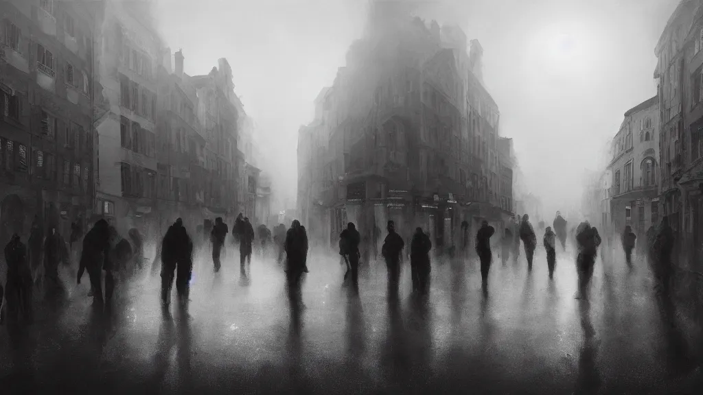 Image similar to a large black sphere with glowing edges over a crowd of people on street of the old town with houses in the windows of which the light is on. early morning, fog on ground, wet street. mike barr painting. volumetric light, dull colors, dark, noir arthouse, 3 5 mm, hight detalied, hd, 4 k