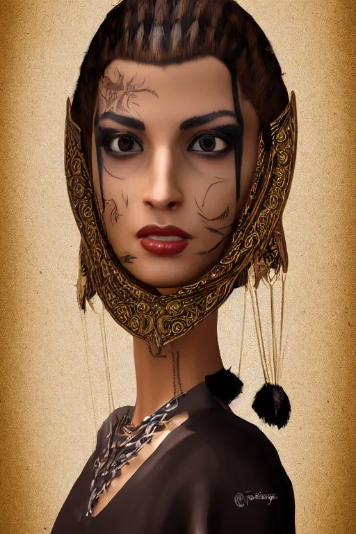 Image similar to hyperrealistic portrait from middle eastern mask woman, ride horse, super highly detail, accurate, without duplication content, gta chinatown wars art style, white border frame.