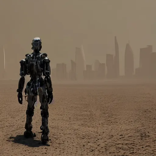 Prompt: 3D render of humanoid cyborg walking through a wasteland, wearing a duster coat, with a dead city in the background, during sandstorm