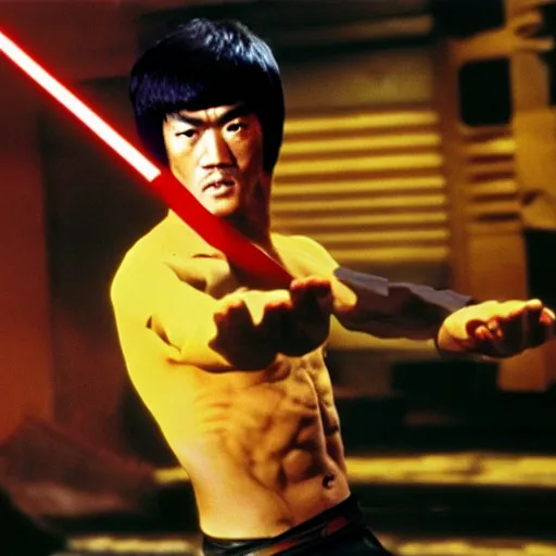 Image similar to bruce lee as a jedi in star wars episode 3, 8k resolution, full HD, cinematic lighting, award winning, anatomically correct