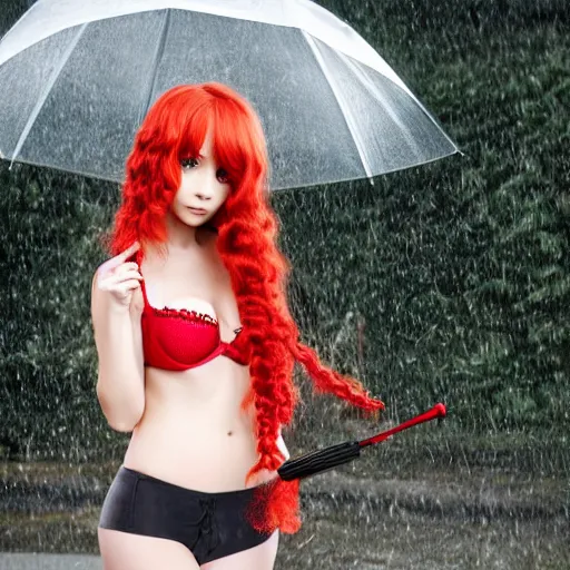 prompthunt: anime girl walks in lingerie and pantyhose in the rain with an  umbrella, red curly hair in pigtails with an elastic band, rain, full HD, 8k