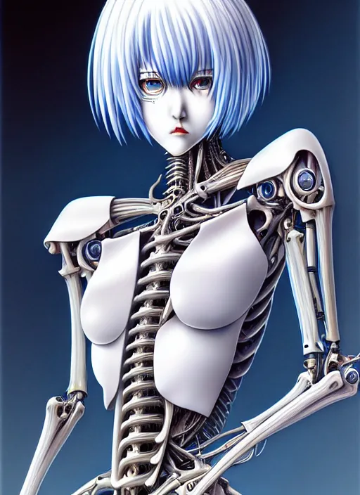 Image similar to Rei Ayanami by Yoshitaka Amano, by HR Giger, biomechanical, profile portrait, 4k, wide ayes, hyper detailed, hyperrealism, anime, deviantart artstation