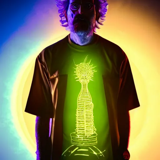 Image similar to portrait of rick sanchez, lab coat and tee shirt, lens flare, atmosphere, glow, detailed, intricate, full of colour, cinematic lighting, 4 k, hyperrealistic, focused, extreme details, cinematic, masterpiece