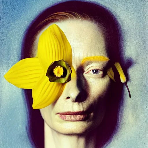 Image similar to medium shot, tilda swinton face fused with daffodil, eyes visible, head covered with leaves, inside the flower, daffodils field, highly detailed, shallow depth, bokeh, codachrome, polaroid, unreal engine, 3 d art, digital art, painting by greg rutkowski