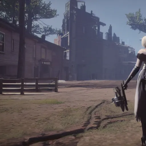 Image similar to Film still of 2B nier automata in a town from Red Dead Redemption 2 (2018 video game)