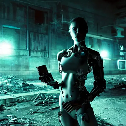 Prompt: stunning, breathtaking, awe-inspiring award-winning photograph of an attractive biomorphic female cyborg in a desolate abandoned post-apocalyptic industrial city at night, extremely moody blue lighting