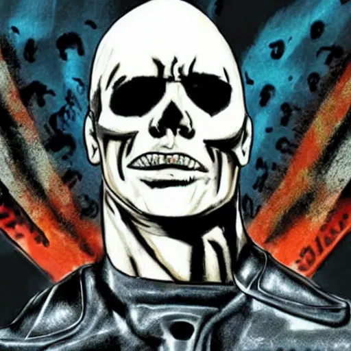 Image similar to a sketch of a two - faced dwayne johnson as ghost rider, right face showing skull, gta cover art