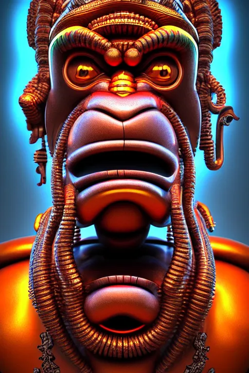 Image similar to high quality 3 d render post - rococo cyberpunk hanuman! head building, neon madhubani, open mouth, highly detailed, in sci - fi mumbai, cinematic smooth unreal engine, lee madgwick & liam wong, dramatic light, low angle, uhd 8 k, sharp focus