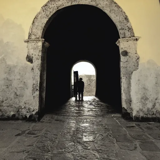 Image similar to a picture of a man standing in front of an arch in antigua guatemala at night