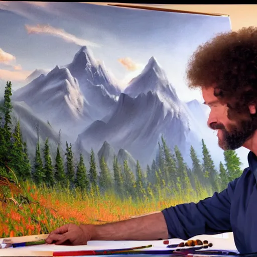 Image similar to a closeup photorealistic photograph of bob ross working on a canvas painting of spiderman. film still. brightly lit scene. mountains and trees. this 4 k hd image is trending on artstation, featured on behance, well - rendered, extra crisp, features intricate detail, epic composition and the style of unreal engine.