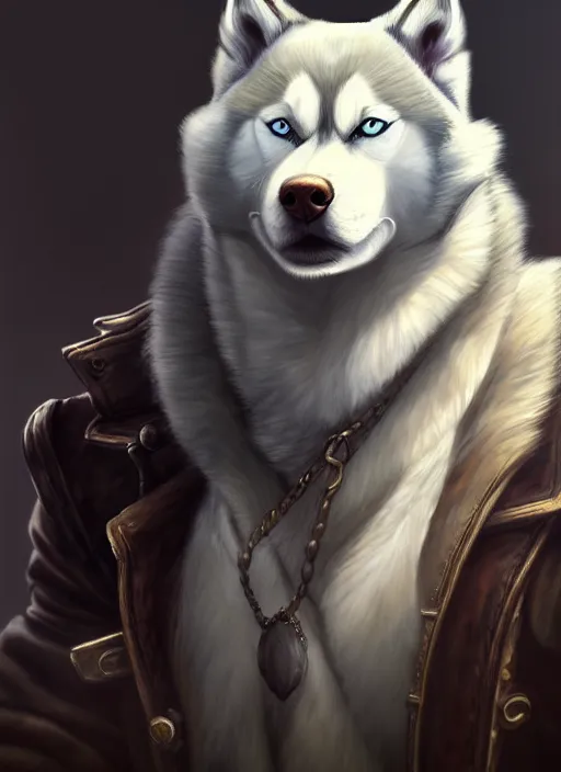 Prompt: a portrait of husky wearing a white vest, an ultrafine detailed painting, detailed painting, boris valejo. octopath traveler