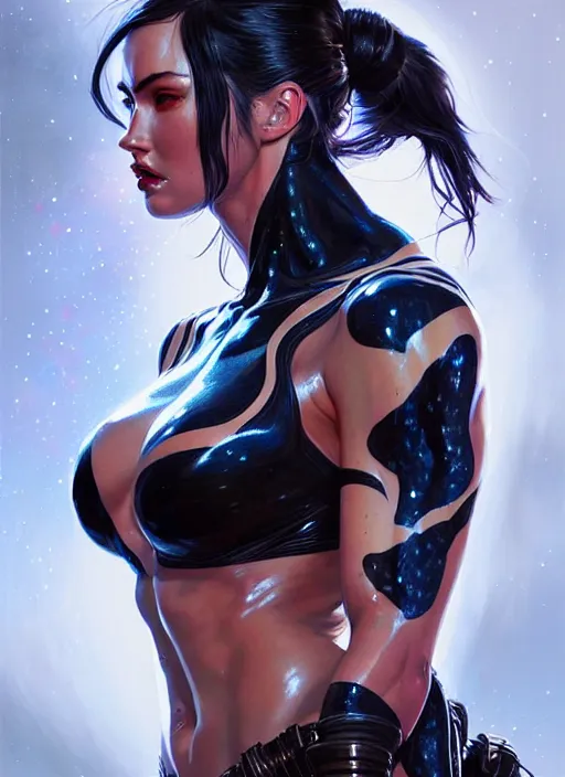 Image similar to portrait of apex legends megan fox, venom intricate, elegant, glowing lights, highly detailed, digital painting, artstation, glamor pose, concept art, smooth, sharp focus, illustration, art by artgerm and greg rutkowski, artey freytag