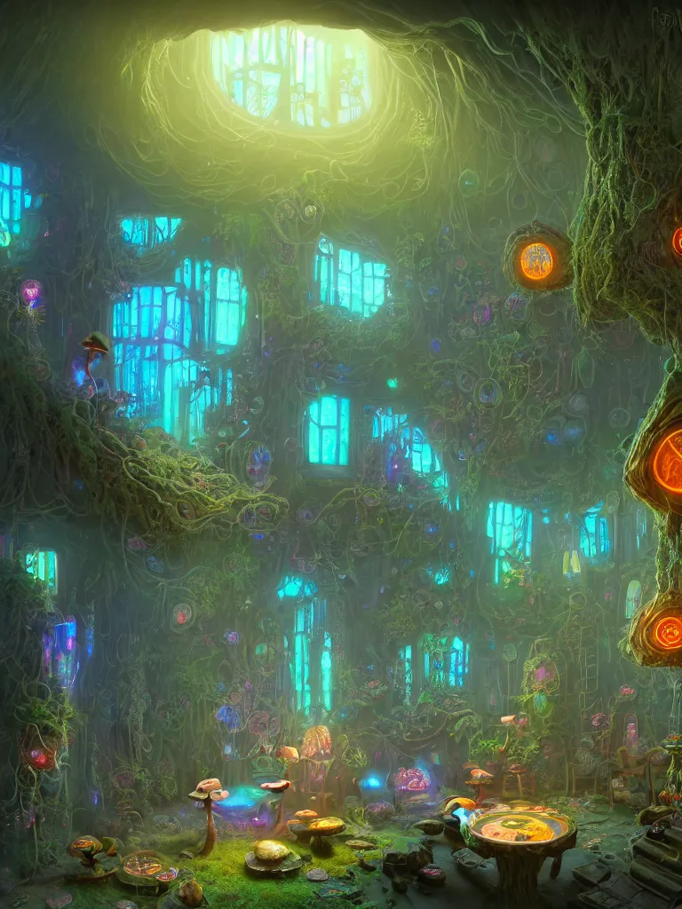 Image similar to the interior of a celestial dainty cyberpunk cottage in a bioluminescent tree trunk decorated beautifully, lots of cyberpunk design elements like toadstool mushrooms and small robots, warm sunlight shining in, lots of plants and flowers, concept art 8 k resolution, fantasy illustration, sharp focus, detailed painting, deep color, volumetric lighting, crepuscular rays