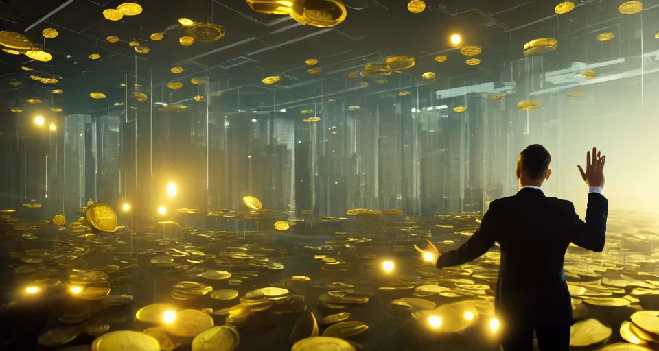 Prompt: Dramatic photo of a CEO waving to a large group of his coworkers in a futuristic office. Golden coins are levitating all around them. 8k, high detail, trending on Artstation, volumetric lighting, cyberpunk