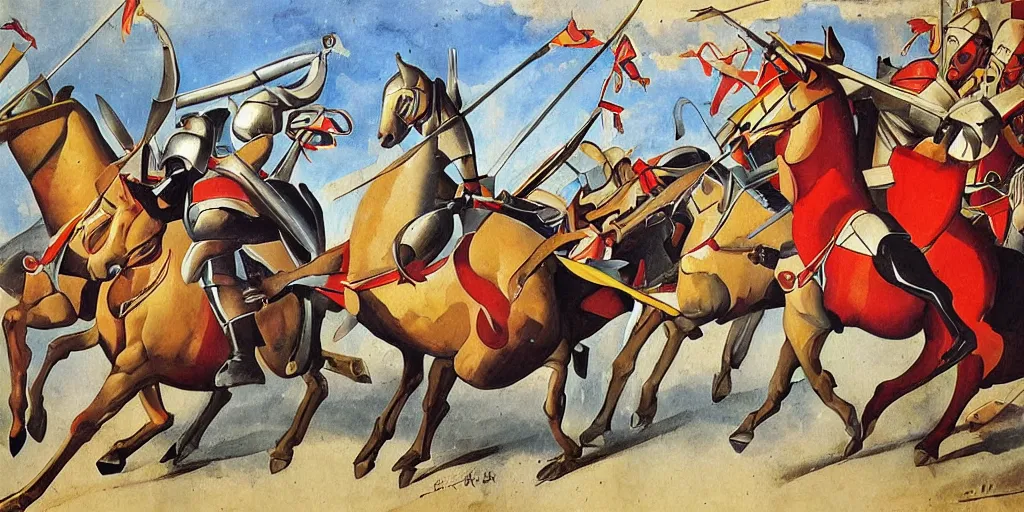 Image similar to italian futurism styled painting of a medieval knight cavalry charge