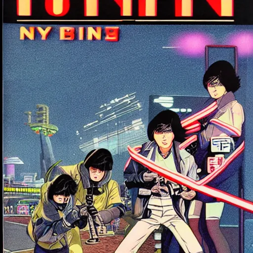 Image similar to 1979 OMNI Magazine, Anime Neo-tokyo bank robbers fleeing the scene with bags of money, Highly Detailed, 8k :4 by Vincent Di Fate : 8