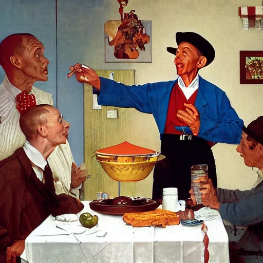 Prompt: a thin man wearing a hat entertains jesus christ with a magic trick in the kitchen, painted by norman rockwell and tom lovell and frank schoonover