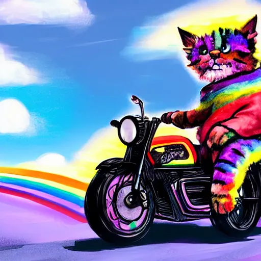 Image similar to wide angle full body, jacket wearing fluffy cute rainbow kitten wearing a black leather motorcycle jacket, riding on a motorcycle, cinematic concept art