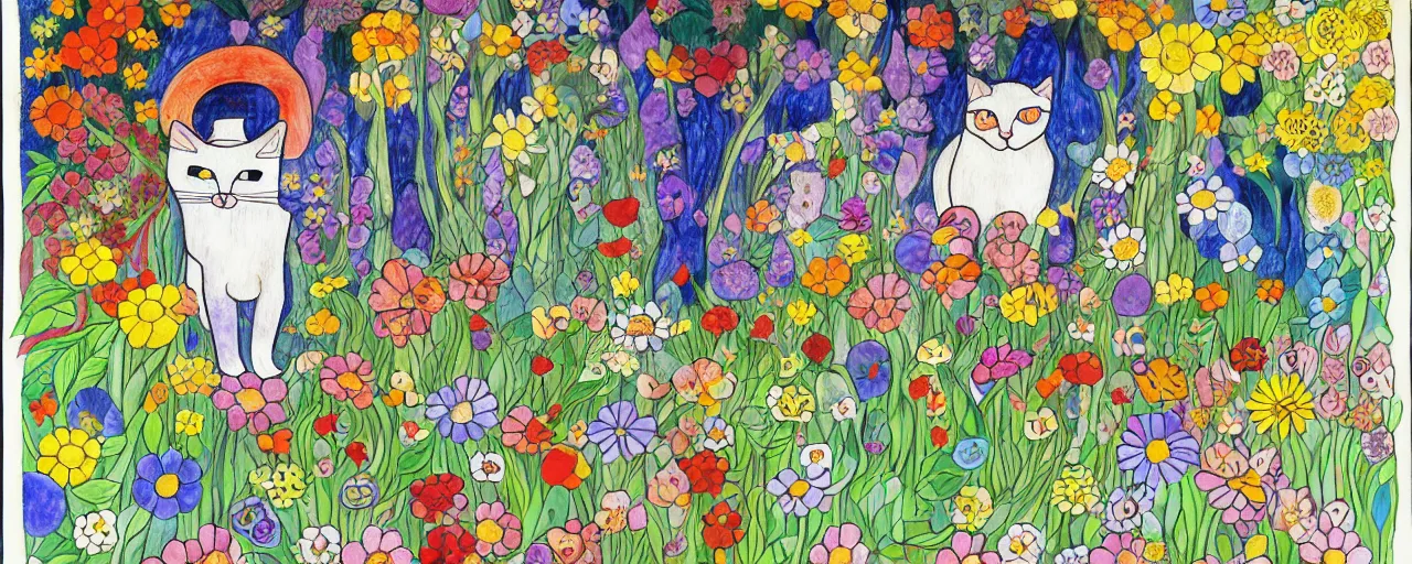 Image similar to cat playing in a garden of flowers, a mix media painting by laurel burch and Leonardo da Vinci and Natalia Goncharova, cluttered , child's drawing, art by Studio Ghibli, anime, thick black lineart