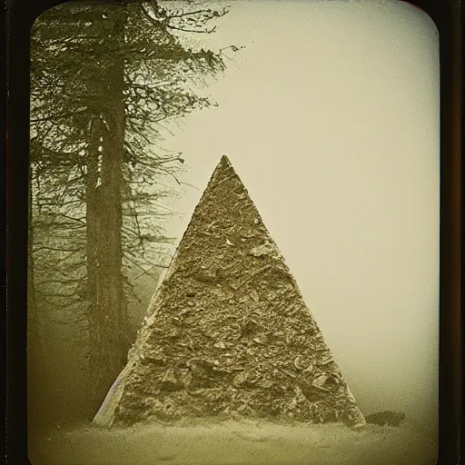 Image similar to a stone pyramid in the middle of a forest clearing, foggy, eerie, creepy, unsettling, lost footage, old polaroid, expired film,