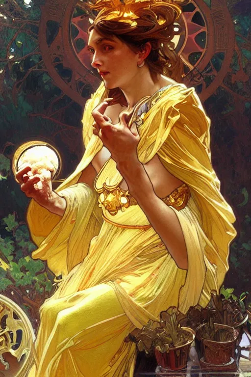 Prompt: A god wearing golden clothes, eating ice cream, fantasy, painting by greg rutkowski and alphonse mucha