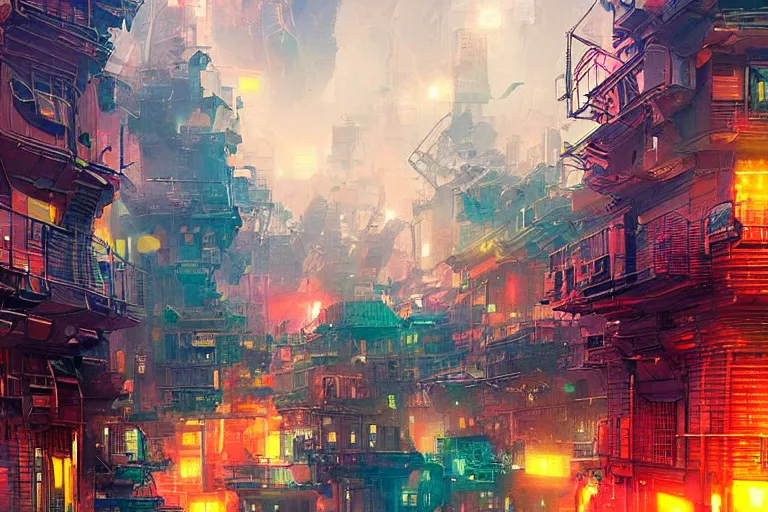 Prompt: a small town with many colorful buildings [ floats in space ]!!, illuminated by multi - colored lights, abstract art, digital art, surrealist, glitch, futuristic city, illustrated by greg rutkowski, realistic