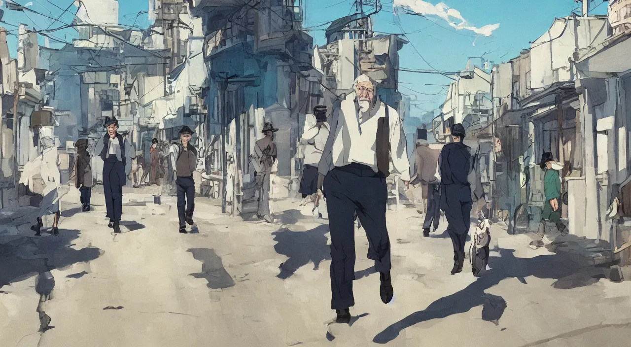 Image similar to ernest shackleton in a crisp white linen shirt and slacks, leather boots, walking in a cuban street, 1 9 0 0, genndy tartakovsky, atey ghailan, goro fujita, studio ghibli, rim light, mid morning lighting, clear focus, very coherent