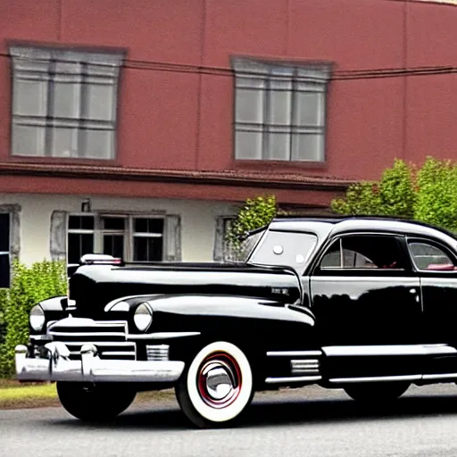 Image similar to 1 9 4 8 desoto car, black, driving through a 1 9 5 0 s town, in the style of norman rockwell