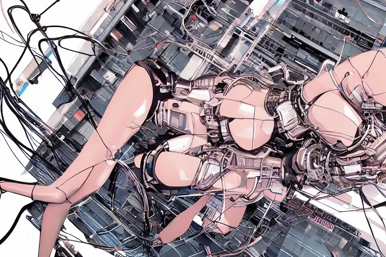 Image similar to a finely composed cyberpunk illustration of a group of female androids in style of hajime sorayama, lying on an abstract, empty, white floor with their body parts scattered around and cables and wires coming out, by katsuhiro otomo and masamune shirow, hyper-detailed, intricate, colorful, view from above, wide angle, close up, beautiful