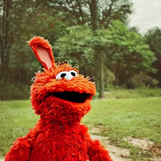 Image similar to a brown fluffy elmo muppet with big soft rabbit ears in a karate uniform out in nature, photography, photorealistic, muppet, national geohraphic, sesame street, puppet muppets