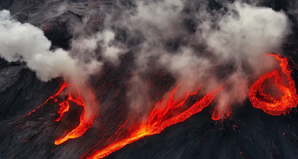 Prompt: a volcano made of ivory vines and crimson rocks enters in eruption, it spits a smoke in the shape of demonic eye, from One piece